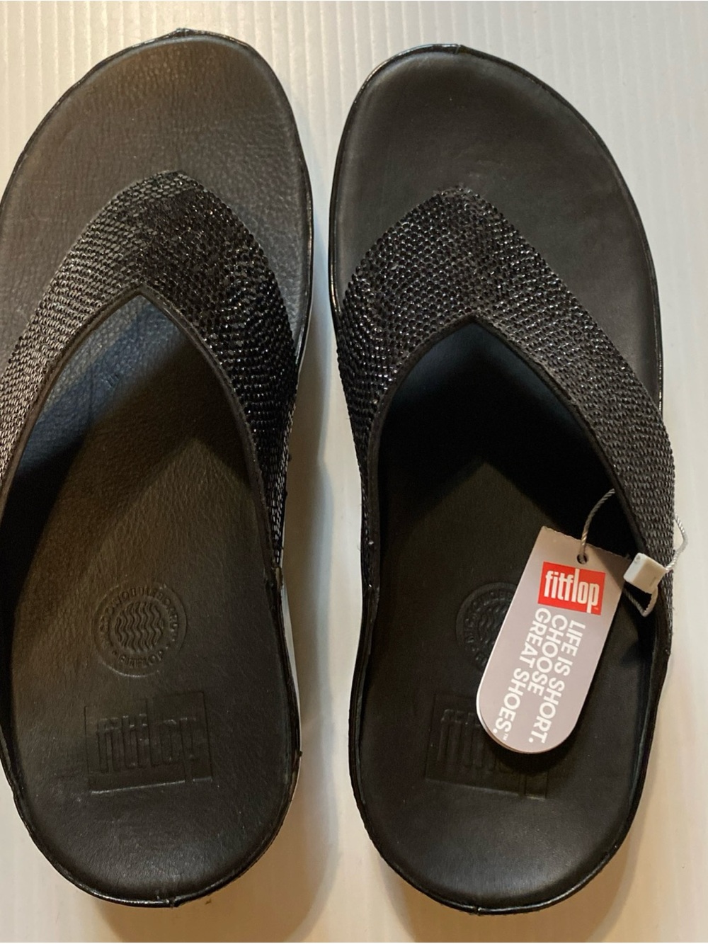 NWT Fitflop Black Rhinestone Glitter Thong Sandals - 6 US/37 EU